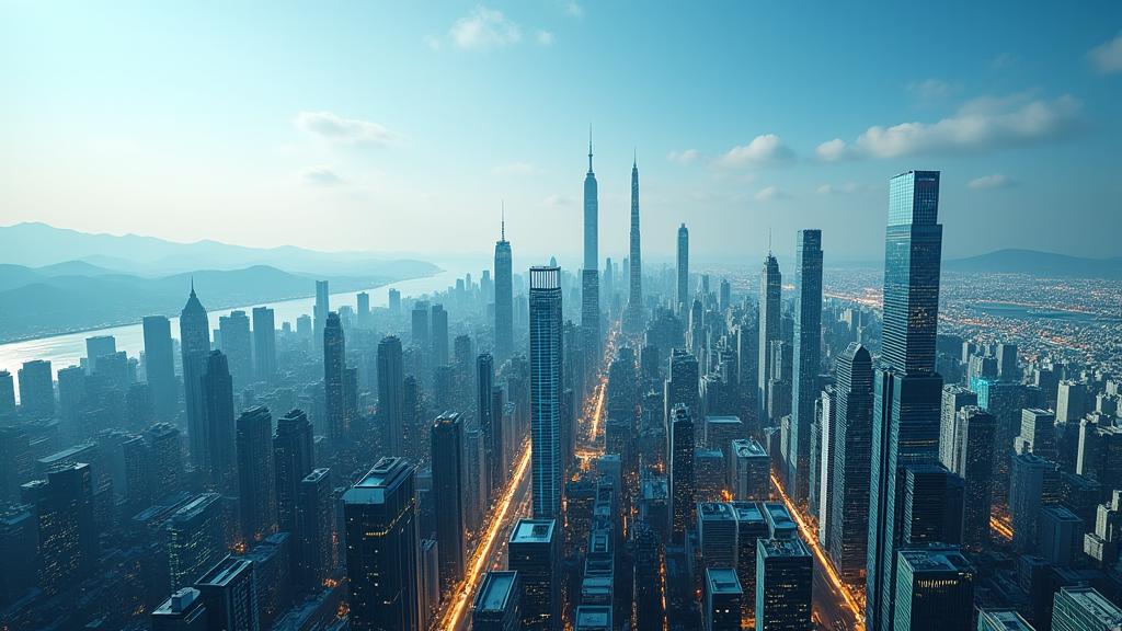 Vue aérienne d'une ville moderne avec des couches de données cartographiques superposées, symbolisant l'expertise en cartographie numérique.